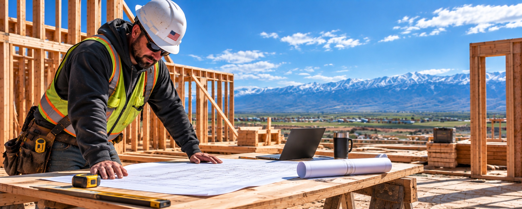 Construction workers in hard hats reviewing plans on a job site